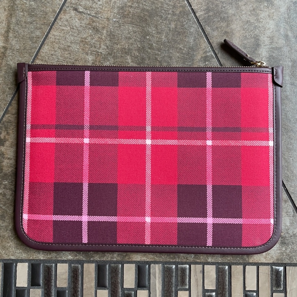 Kate Spade Ella Plaid Bright Rose Large Zip Pouch Clutch - Picture 4 of 16